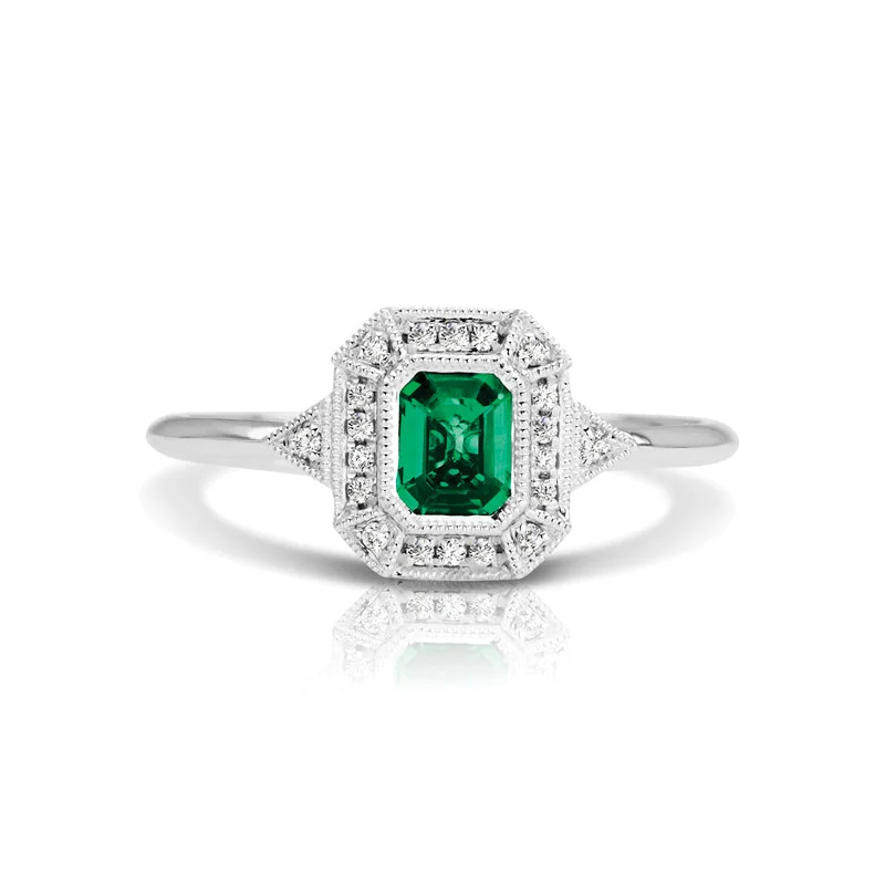 Women’s rings with hematite for metallic shine -Vintage Inspired 0.50 ct. Natural Emerald Ring With 0.05 ct. Diamonds