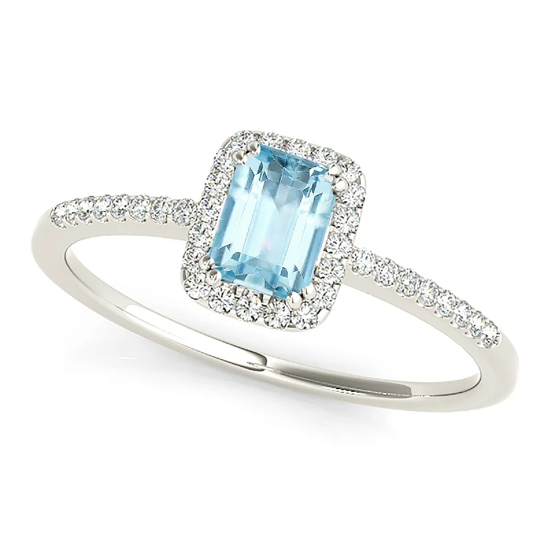 Women’s rings with shield-cut topaz stones -0.65 ct. Genuine Emerald Cut Aquamarine Ring With Halo