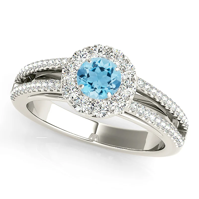 Women’s rings with polished peacock ore glow -0.85 ct. Genuine Aquamarine Ring with Halo And Split Diamond Band