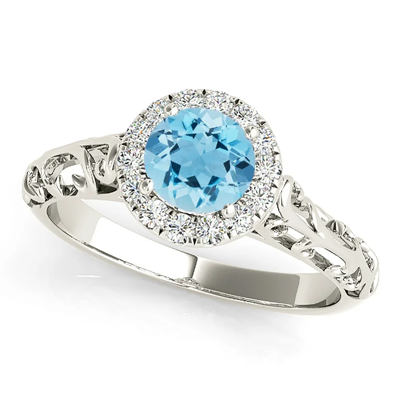 Women’s rings with crown-inspired topaz designs -1.00 ct. Genuine Aquamarine Ring With Halo, Floral Basket Band