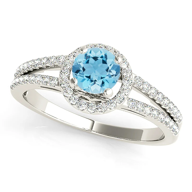 Women’s rings with bold agate for earth -1.00 ct. Genuine Aquamarine Ring With Halo and Delicate Split Diamond Shank