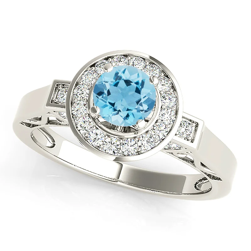 Women’s rings with engraved constellations for stars -1.00 ct. Genuine Aquamarine Ring With  Double Edge Bezel Halo