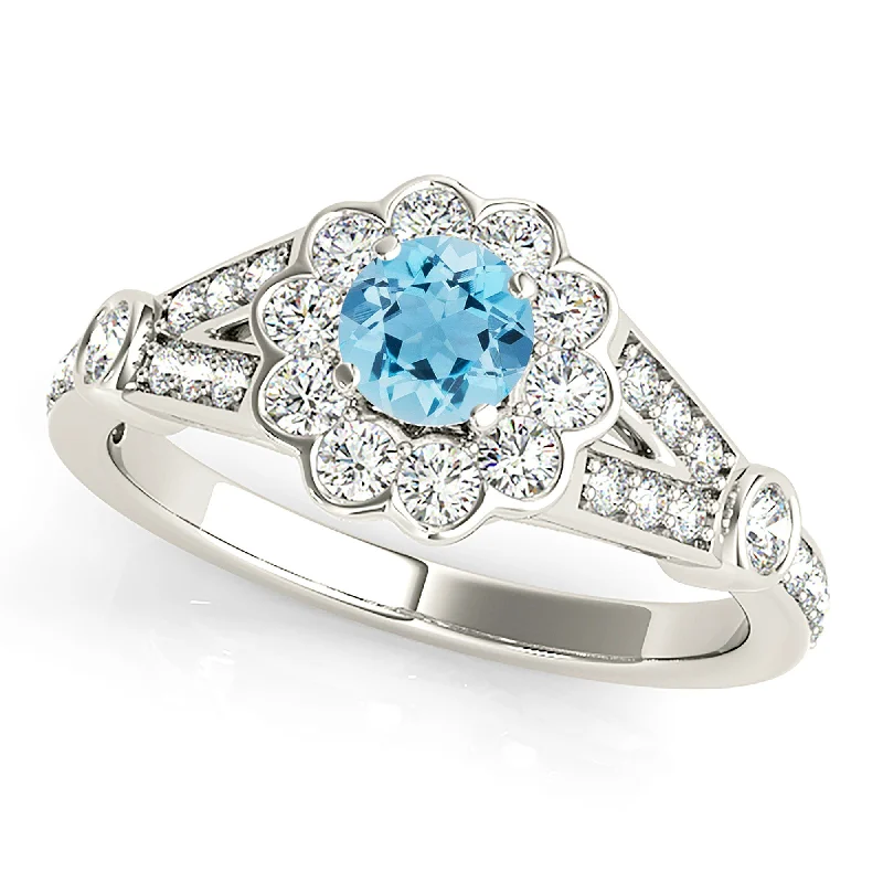 Women’s rings with lotus-inspired sapphire bands -1.00 ct. Genuine Aquamarine Ring With Bezel Set Floral Halo