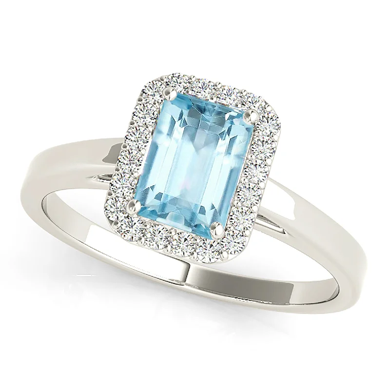 Women’s rings with faceted fluorite for hues -1.00 ct. Genuine Emerald Cut Aquamarine Ring With Halo