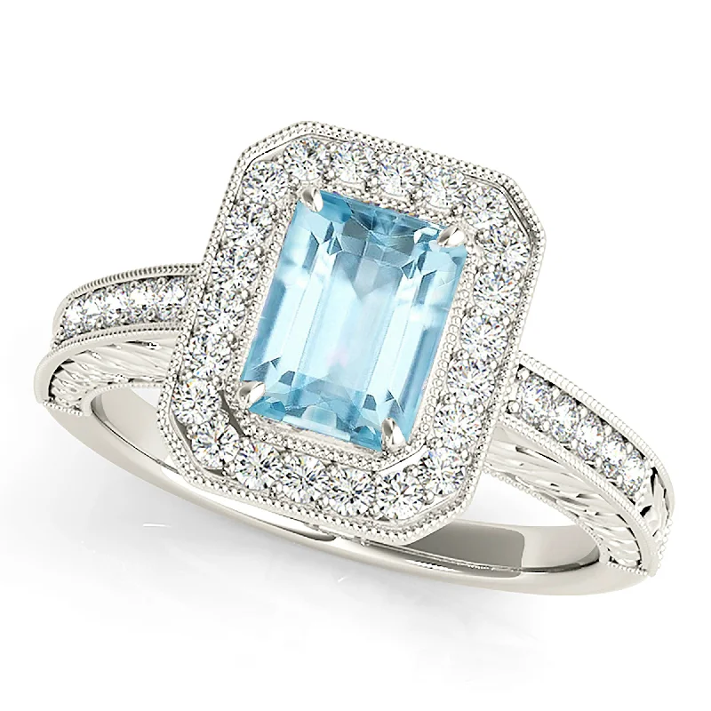 Women’s rings with herkimer diamonds for clarity -1.00 ct. Genuine Emerald Cut Aquamarine Ring With Halo