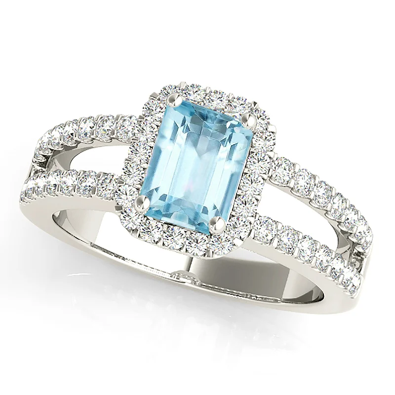 Women’s rings with branch-inspired amethyst bands -1.00 ct. Genuine Emerald Cut Aquamarine Ring With Halo