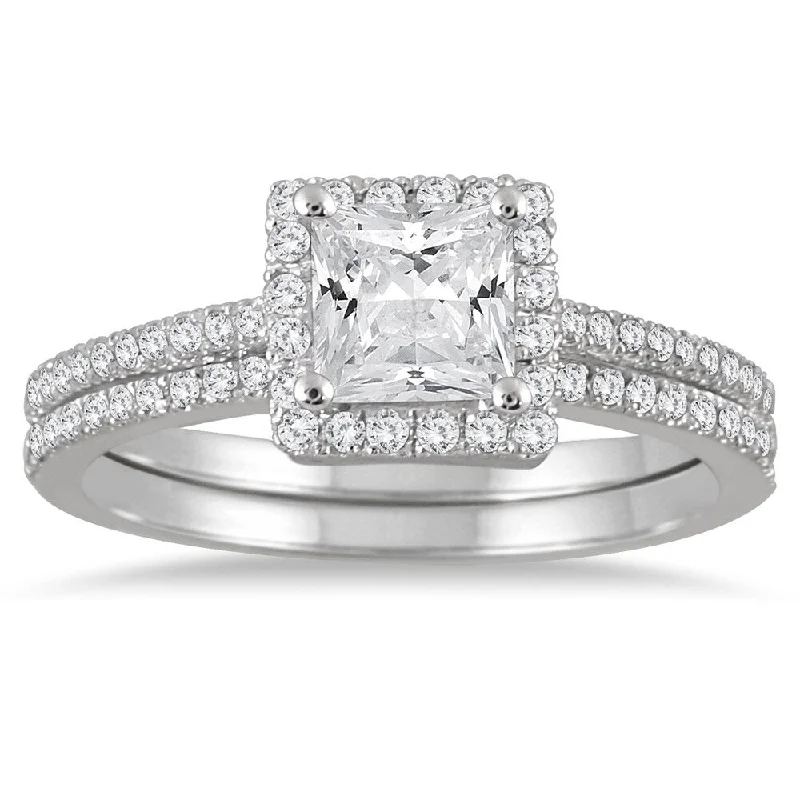 Engagement rings with pearl accents for elegance -1 1/6 Carat TW Halo Princess Cut Diamond Bridal Set in 14K White Gold