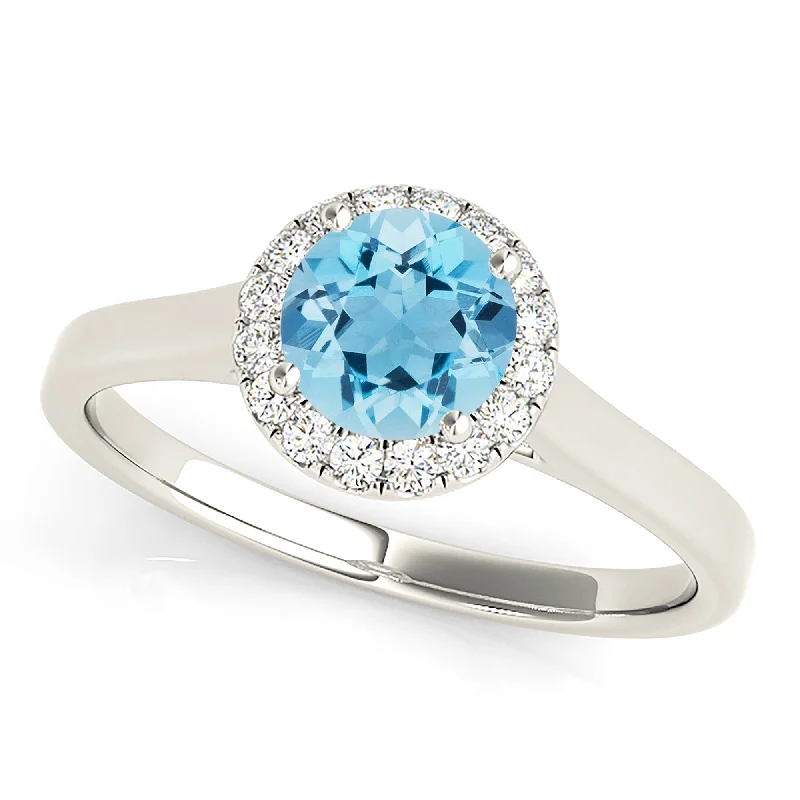 Women’s rings with spiral onyx for contrast -1.10 ct. Genuine Aquamarine Ring With Halo and Flat Solid Gold Band