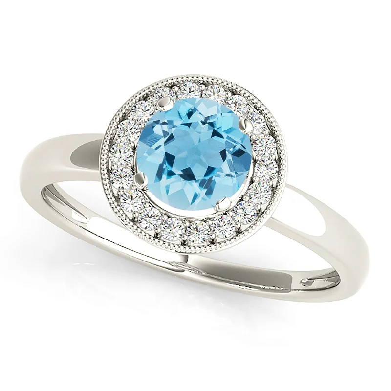 Women’s rings with faceted rose quartz shine -1.10 ct. Genuine Aquamarine Ring With Bezel Set Halo, Milgrain Design