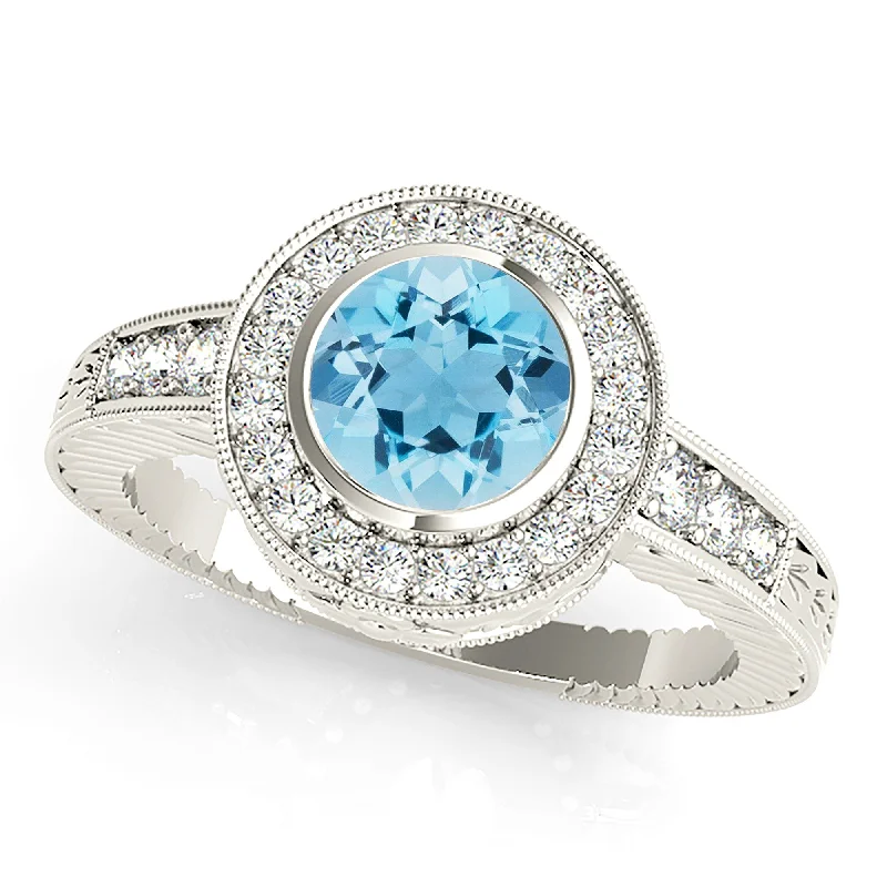 Women’s rings with pave topaz for dazzle -1.10 ct. Genuine Aquamarine Ring With Milgrain Halo And Filigree Design Diamond band