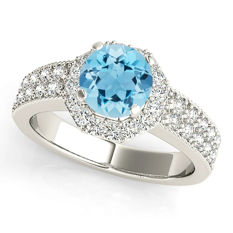 Women’s rings with vine-inspired emerald bands -1.10 ct. Genuine Aquamarine Ring With Halo and Double Row Diamond Band