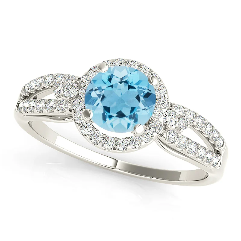 Women’s rings with clustered rose quartz stones -1.10 ct. Genuine Aquamarine Ring With Halo, Curved Open Diamond Band