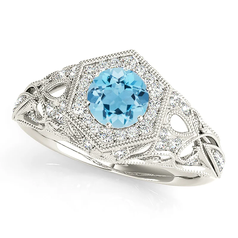 Women’s rings with etched wave band designs -1.10 ct. Genuine Aquamarine Ring With Milgrain Halo,  Diamond Fancy Band