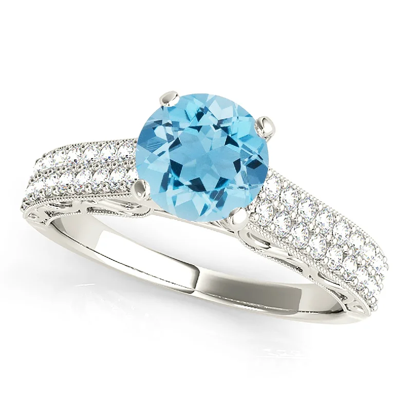 Women’s rings with intricate mandala engravings -1.10 ct. Genuine Aquamarine Ring with 0.35 ctw. Double Row Diamond Band