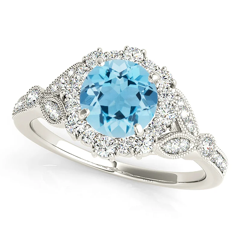 Women’s rings with raw moonstone for mystique -1.10 ct. Genuine Aquamarine Ring With Flower Halo, Milgrain Diamond Band