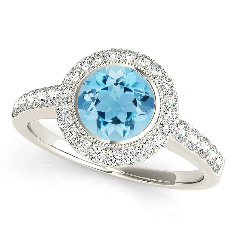 Women’s rings with engraved floral band patterns -1.10 ct. Genuine Aquamarine Ring With Halo And Delicate Thin Diamond Band