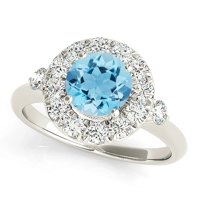 Women’s rings with carved rose quartz designs -1.10 ct. Genuine Aquamarine Ring With  Halo And Two Side Round Diamonds