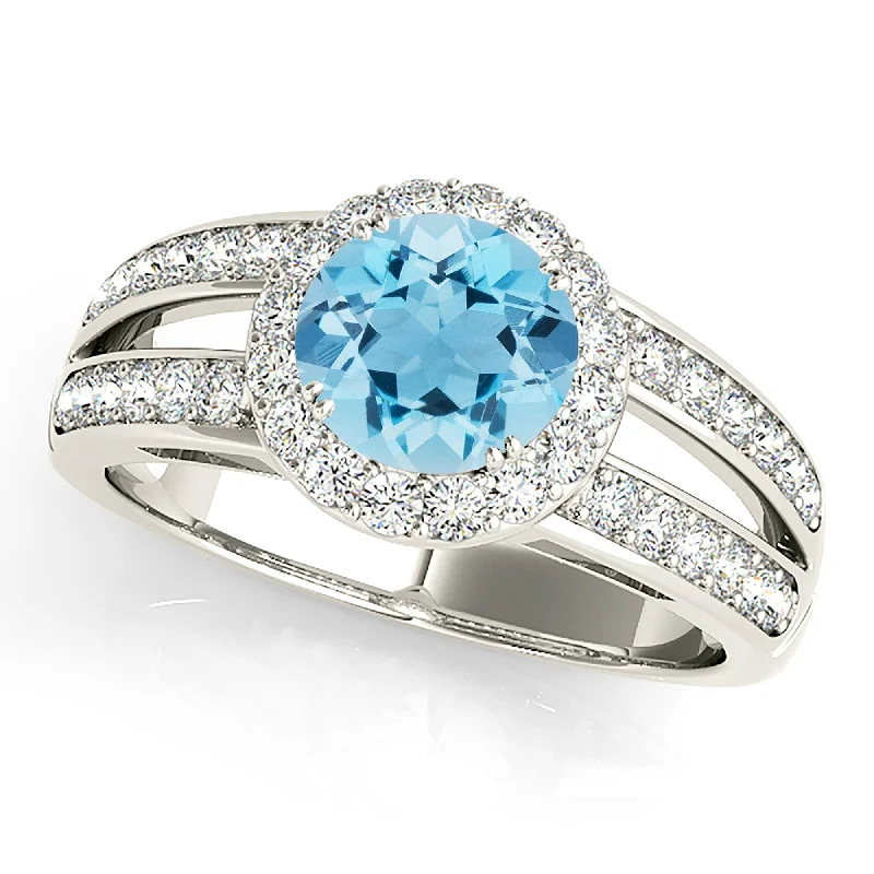 Women’s rings with vintage claw prong settings -1.10 ct. Genuine Aquamarine Ring With Halo And Split Diamond Band