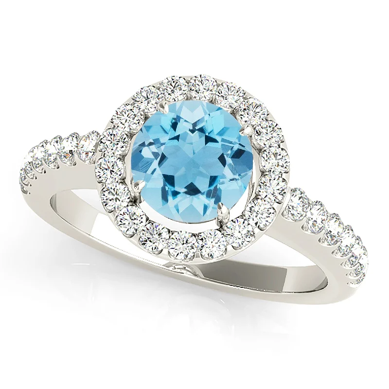 Women’s rings with bezel-set aquamarine gems -1.10 ct. Genuine Aquamarine Ring With Halo, Delicate Thin Diamond Band