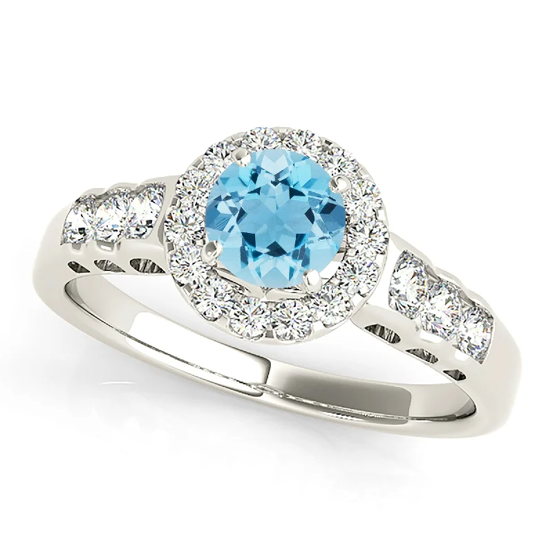 Women’s rings with sunstone gems for glow -1.10 ct. Genuine Aquamarine Ring With Halo, Open Leaf Shape Design Sides