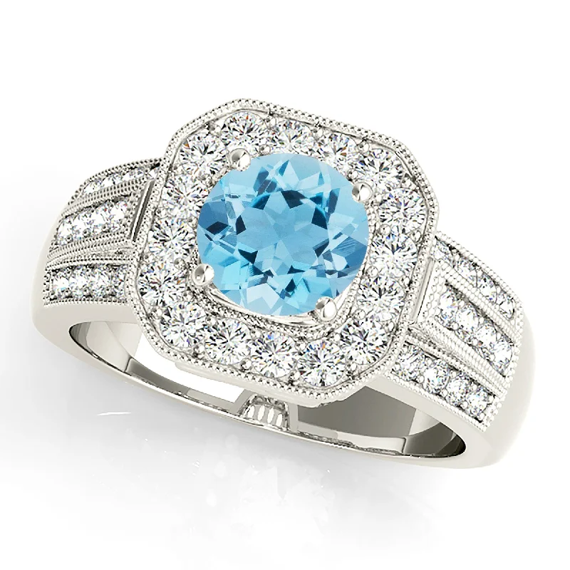 Women’s dainty rings with floral opal motifs -1.10 ct. Genuine Aquamarine Ring With Halo And Triple row Diamond band