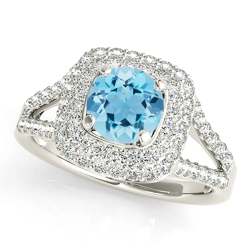 Women’s statement rings with large coral gems -1.10 ct. Genuine Aquamarine Ring With Cushion Halo And Split Diamond Band