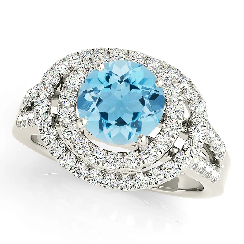 Women’s rings with star sapphire for glow -1.10 ct. Genuine Aquamarine Ring with Double Row Halo And Split Diamond Band