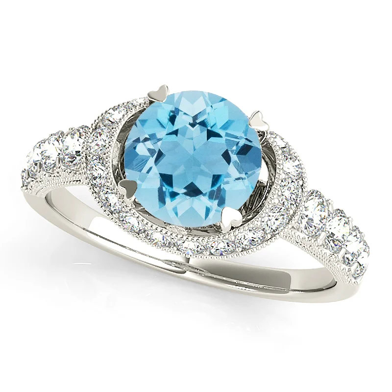 Women’s bold rings with hammered silver bands -1.10 ct. Genuine Aquamarine Ring With East-West Oval Halo