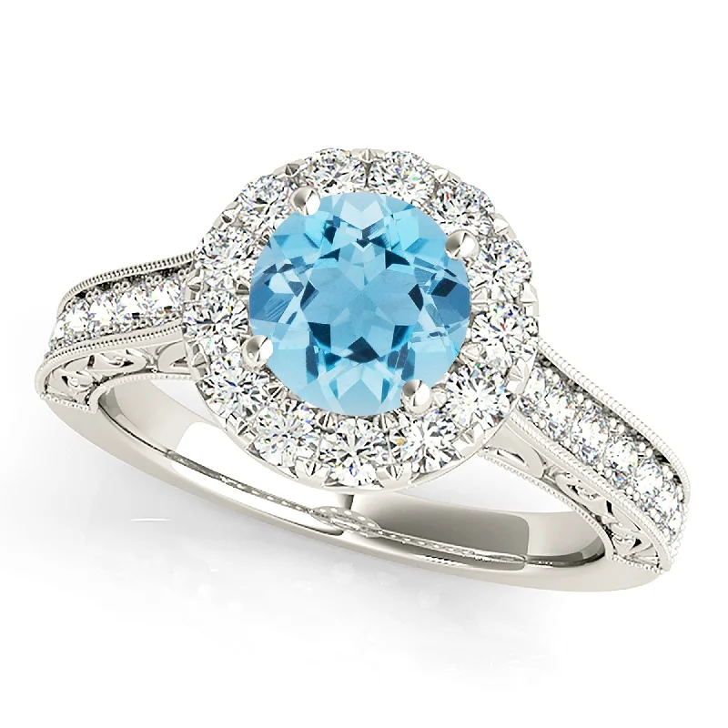 Women’s stretch rings for adjustable comfort fit -1.10 ct. Genuine Aquamarine Ring With Halo, Milgrain And Filigree Diamond Band