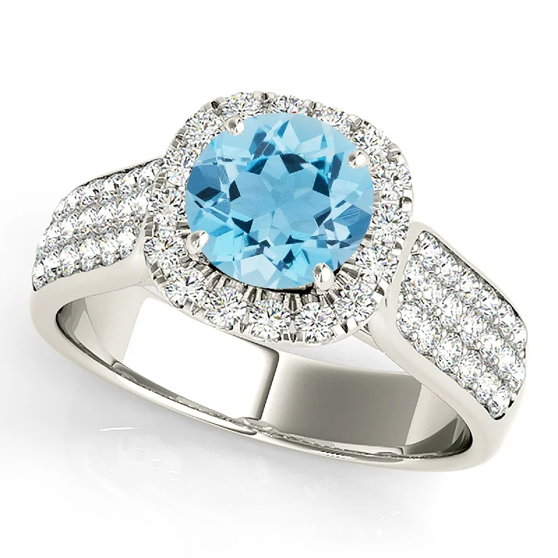 Women’s signet rings with bold family crests -1.10 ct. Genuine Aquamarine Ring With Cushion Halo And Triple Row Diamond Band