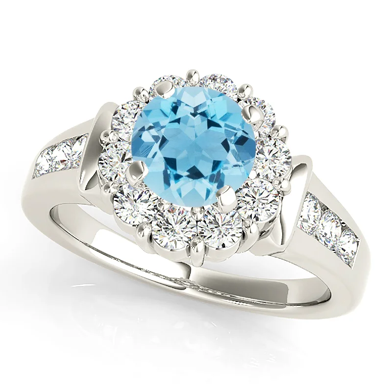 Women’s vintage-style rings with oxidized finish -1.10 ct. Genuine Aquamarine Ring With Floral Halo , Wide Solid Gold and Diamond Band