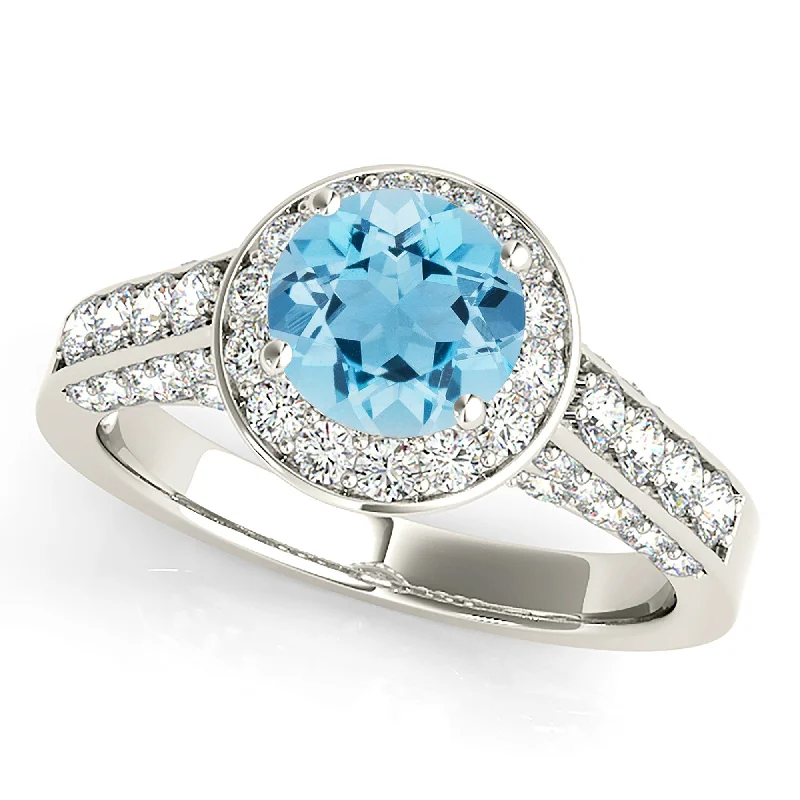 Women’s platinum rings with dazzling black diamonds -1.10 ct. Genuine Aquamarine Ring With Halo And 3D diamond Band