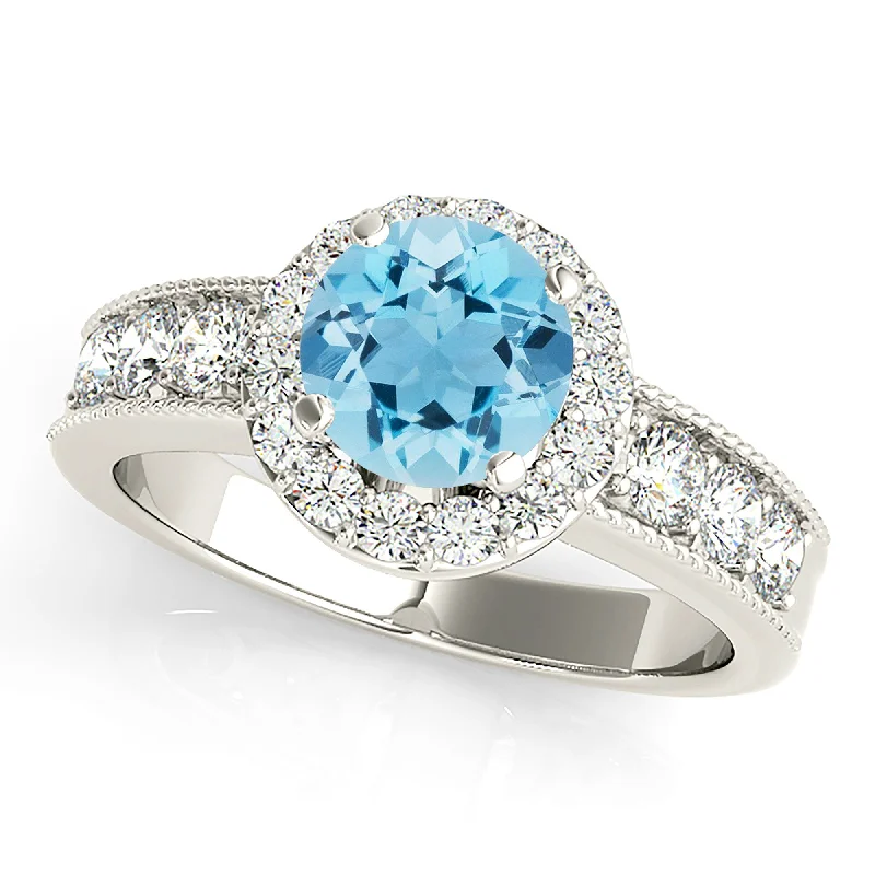 Women’s rings with agate slices for earthiness -1.10 ct. Genuine Aquamarine Ring With Halo And Milgrain Diamond Band