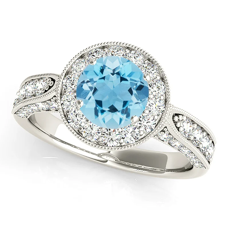 Women’s rings with smoky quartz for depth -1.10 ct. Genuine Aquamarine Ring With Milgrain Halo And 3D Diamond Band