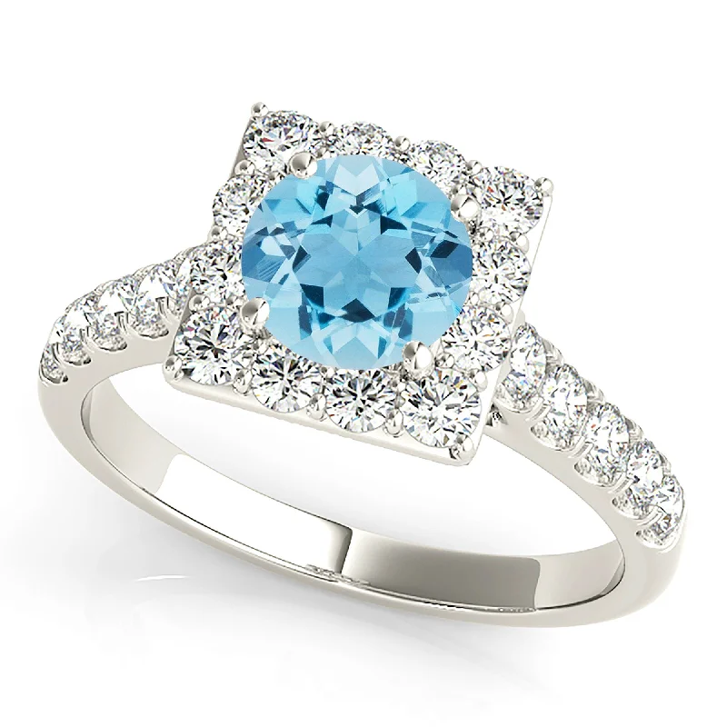 Women’s slim rings with pave sapphire accents -1.10 ct. Genuine Aquamarine Ring With Square Halo And Diamond Band