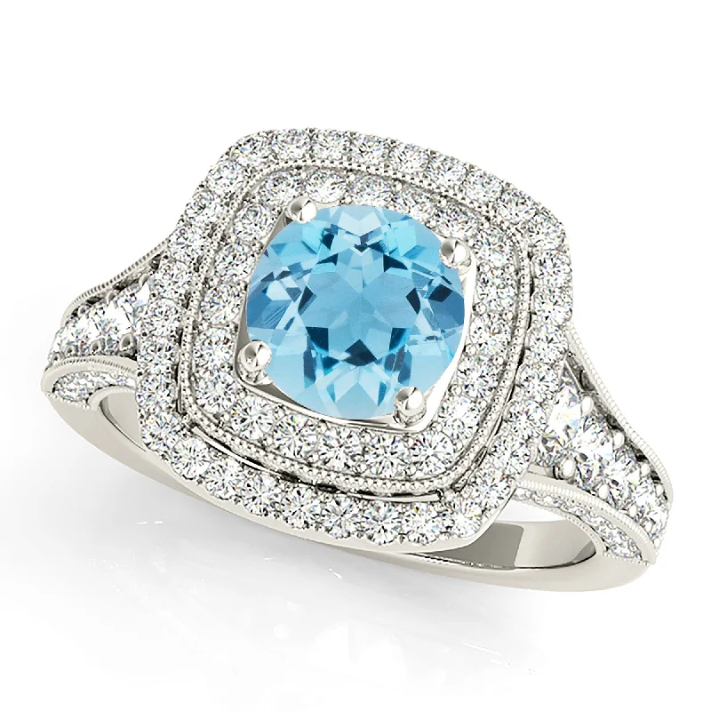 Women’s rings with spiral gold band twists -1.10 ct. Genuine Aquamarine Ring With Double Row Halo