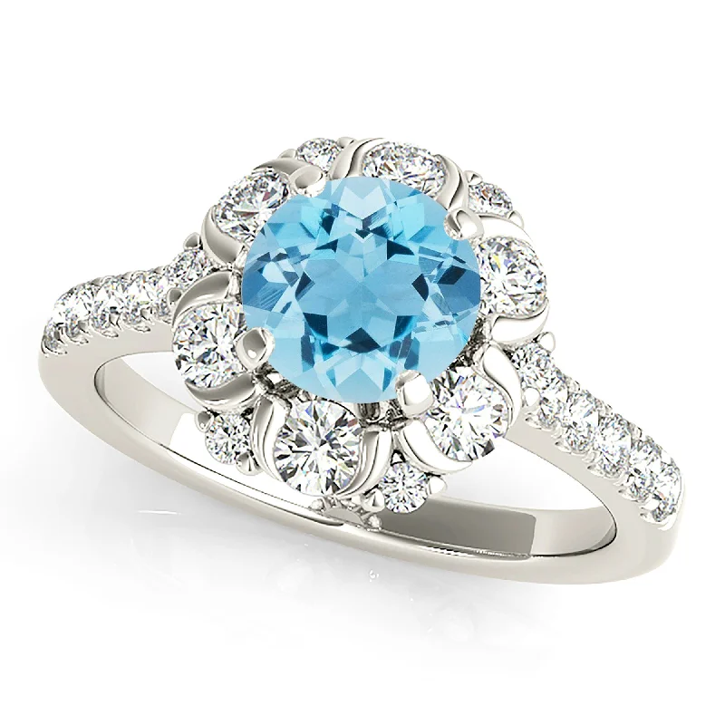 Women’s rings with peacock ore for iridescence -1.10 ct. Genuine Aquamarine Ring With Floral Halo, Fancy Diamond Basket