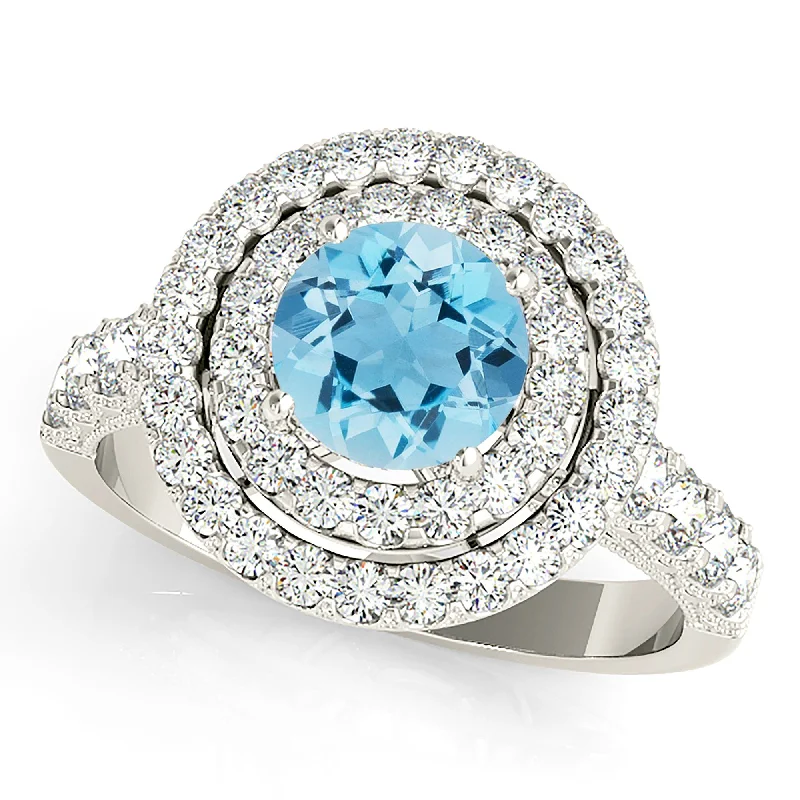 Women’s rings with fluorite stones for hues -1.10 ct. Genuine Aquamarine Ring with Double Row Halo And  Milgrain Design