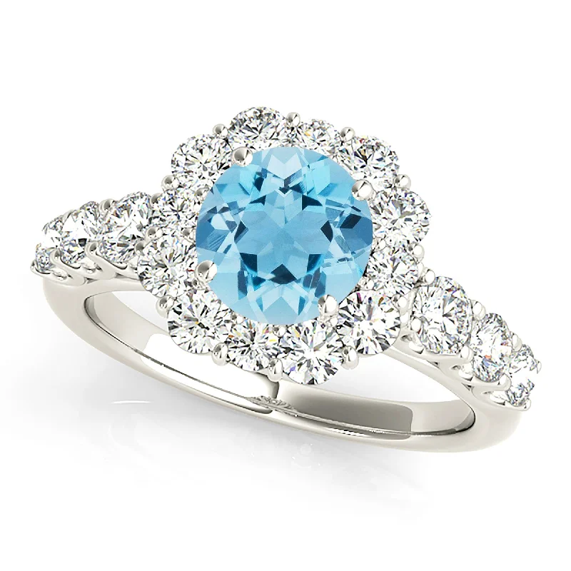 Women’s rings with jade stones for serenity -1.10 ct. Genuine Aquamarine Ring With  Floral Halo And Fancy Diamond Band