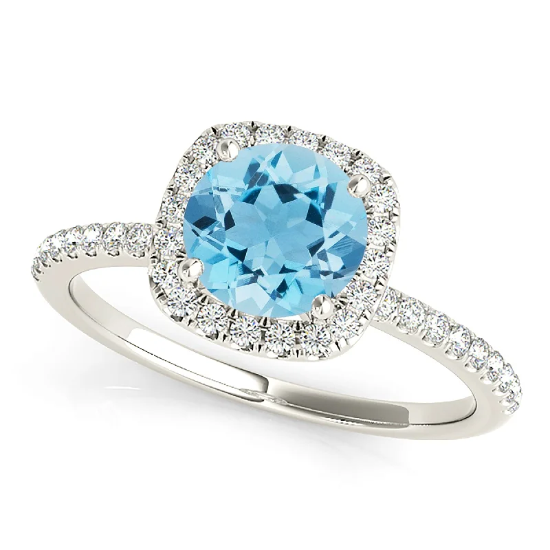 Women’s promise rings with subtle star engravings -1.10 ct. Genuine Round Aquamarine Ring With Cushion Halo