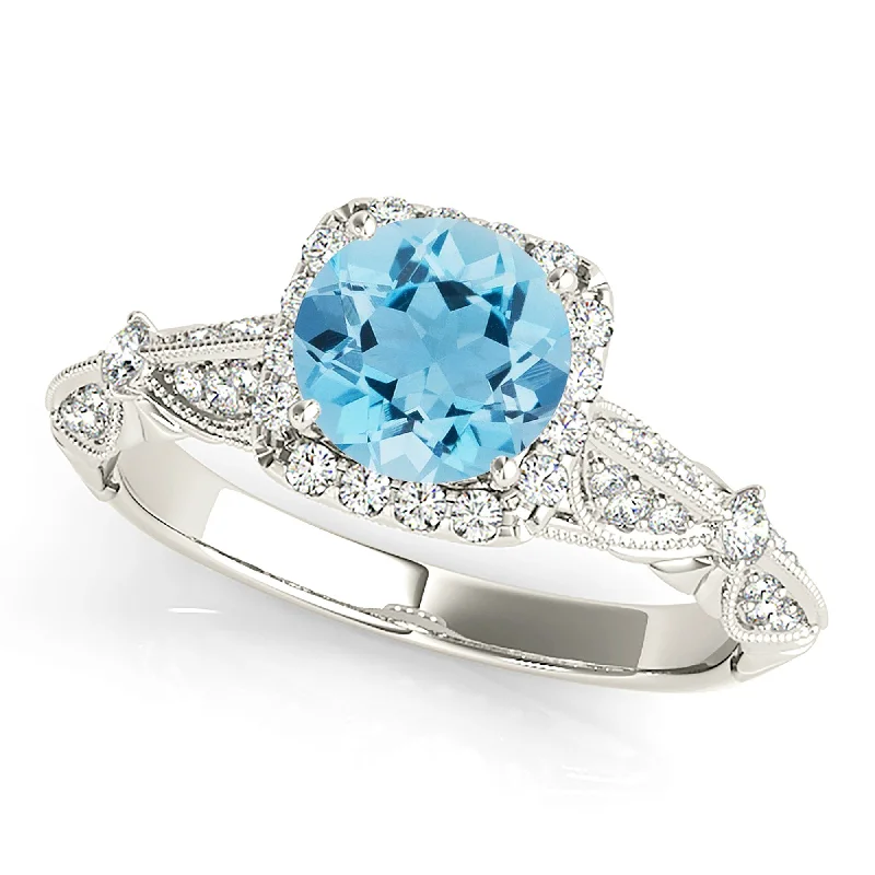 Women’s rings with hematite for metallic shine -1.10 ct. Genuine Round Aquamarine Ring With Cushion Halo,  Milgrain band