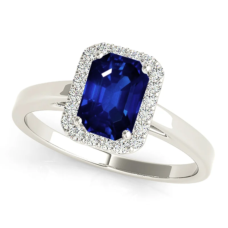 Women’s rings with polished peacock ore glow -1.15 ct. Genuine Blue Emerald Cut Sapphire Ring With Halo Style