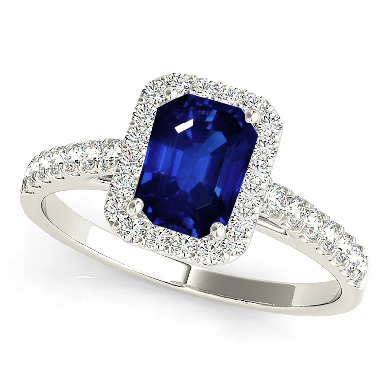 Women’s rings with natural turquoise for boho -1.15 ct. Genuine Blue Emerald Cut Sapphire Ring With Halo Style