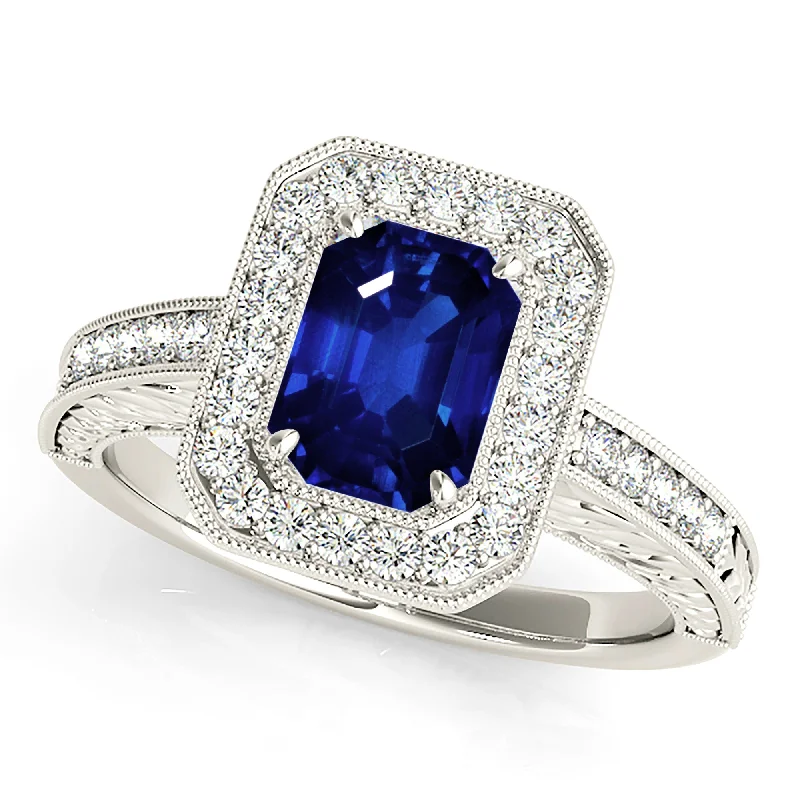 Women’s rings with faceted rose quartz shine -1.15 ct. Genuine Blue Emerald Cut Sapphire Ring with Milgrain Halo Style