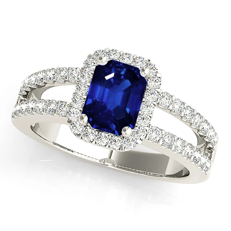 Women’s rings with engraved constellations for stars -1.15 ct. Genuine Blue Emerald Cut Sapphire Ring With Halo