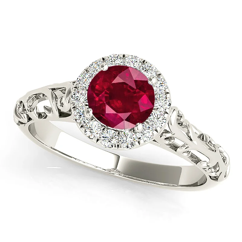 Women’s rings with topaz gems for brilliance -1.15 ct. Genuine Ruby Ring With Halo , Hand Caved Filigree Fancy Band