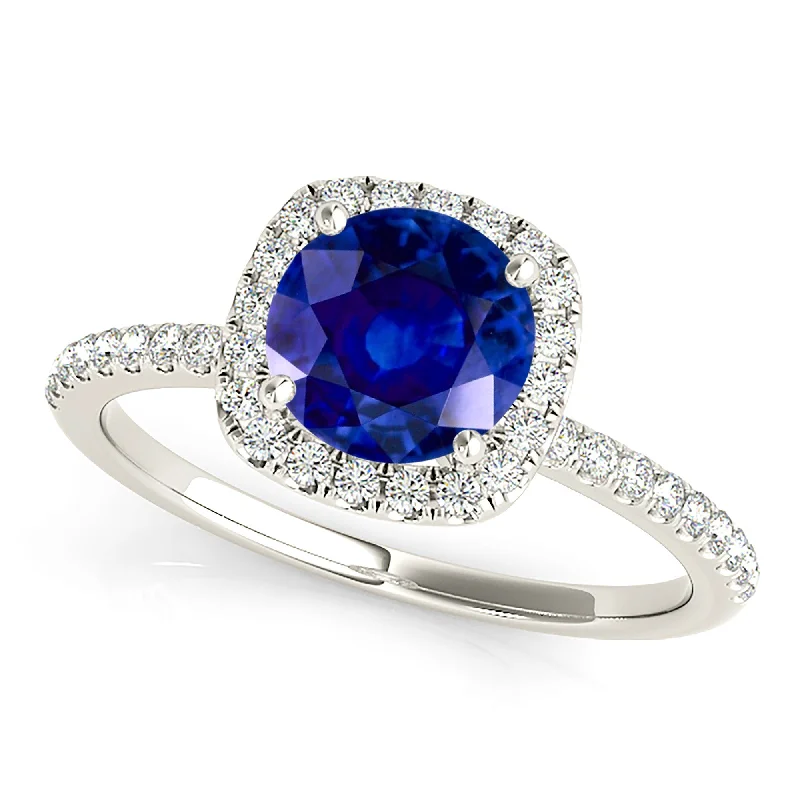 Women’s rings with crown-inspired topaz designs -1.35 ct. Genuine Blue Round Sapphire Ring Cushion with Halo Style