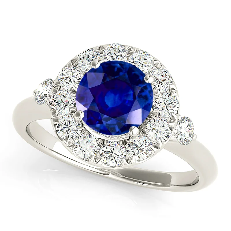 Women’s rings with rough garnet for rugged -1.35 ct. Genuine Blue Sapphire Ring With Halo Style, Two Side Accent Diamonds