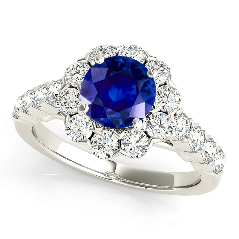 Women’s rings with geometric ruby for trend -1.35 ct. Genuine Blue Sapphire Ring With Floral Halo style