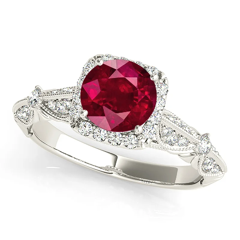 Women’s dainty rings with floral opal motifs -1.35 ct. Genuine Round Ruby With Square Halo, Milgrain Floral Diamond Band